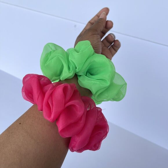 New Chiffon Scrunchie Hair Tie 2 XLarge Set Pink And Green - Picture 1 of 8